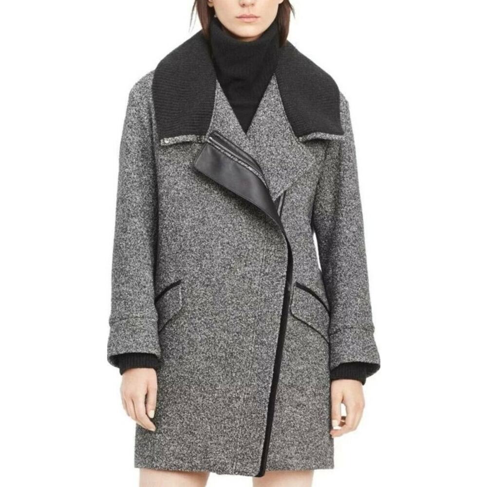 Vince Wool Cotton Gray Tweed Leather Trim Peacoat Size S